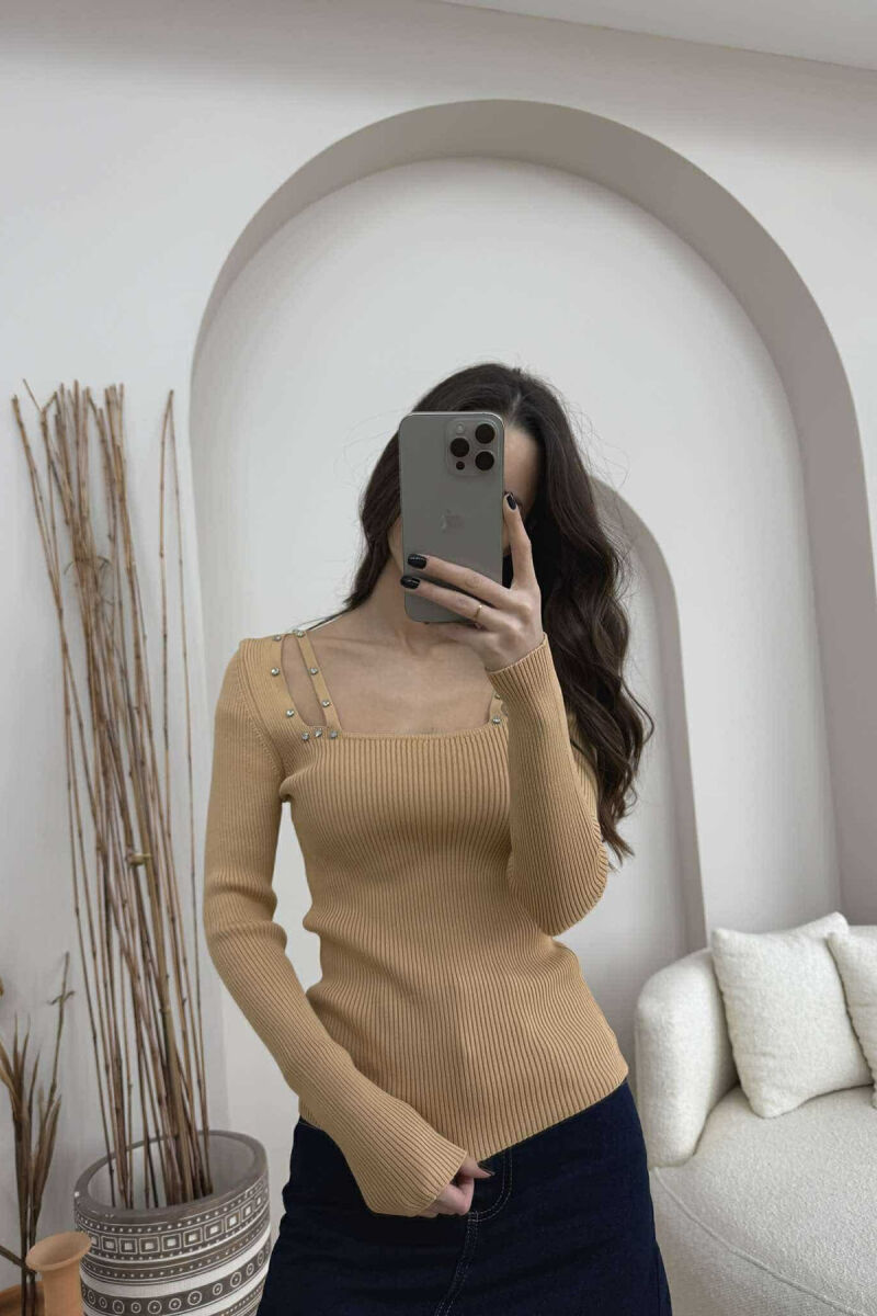 SQUARE NECK ONE COLOR DIAMOND DETAILS WOMEN SWEATER BEIGE/BEZHE - 2