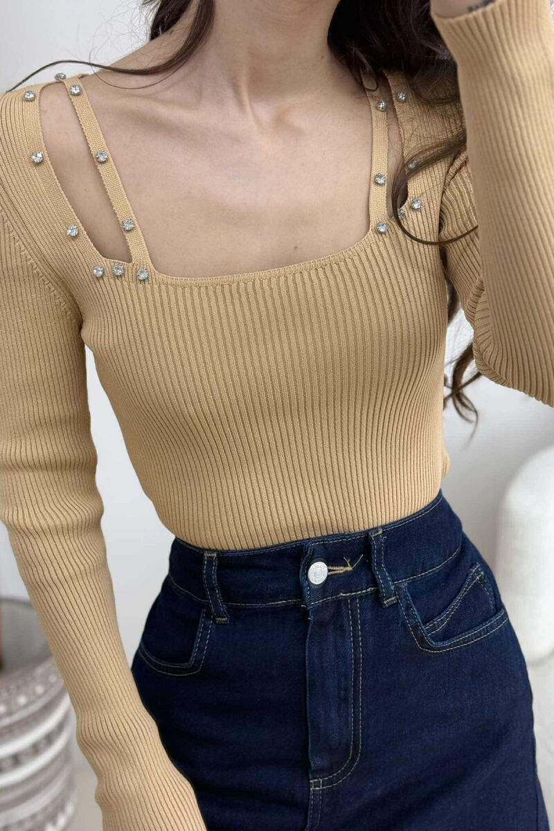 SQUARE NECK ONE COLOR DIAMOND DETAILS WOMEN SWEATER BEIGE/BEZHE - 4