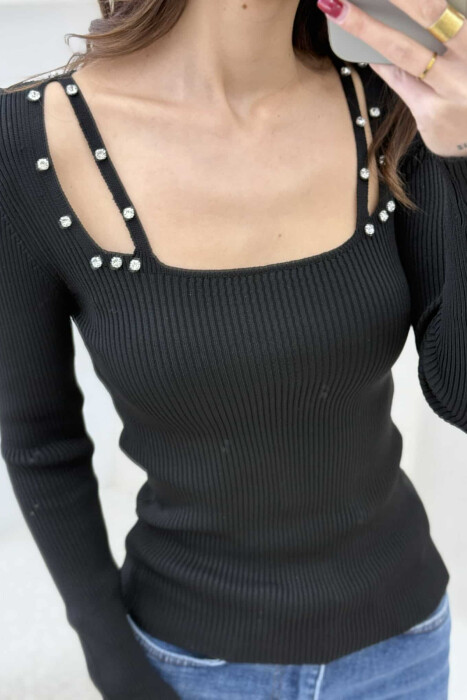 SQUARE NECK ONE COLOR DIAMOND DETAILS WOMEN SWEATER BLACK/ E ZEZE - 3