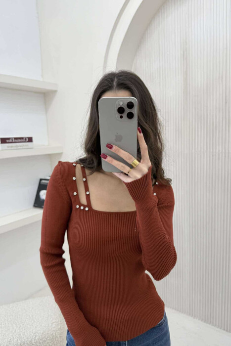 SQUARE NECK ONE COLOR DIAMOND DETAILS WOMEN SWEATER BROWN/KAFE - 1