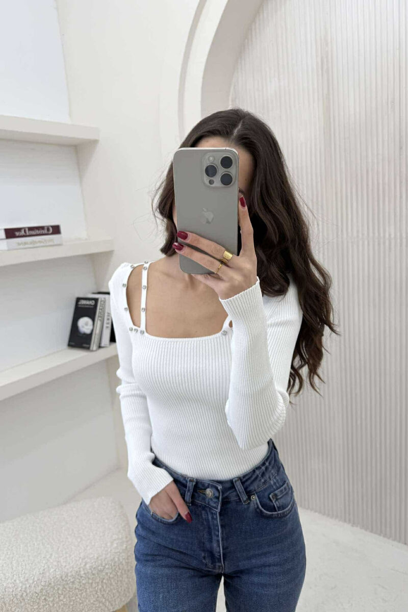 SQUARE NECK ONE COLOR DIAMOND DETAILS WOMEN SWEATER WHITE-E BARDHE - 1