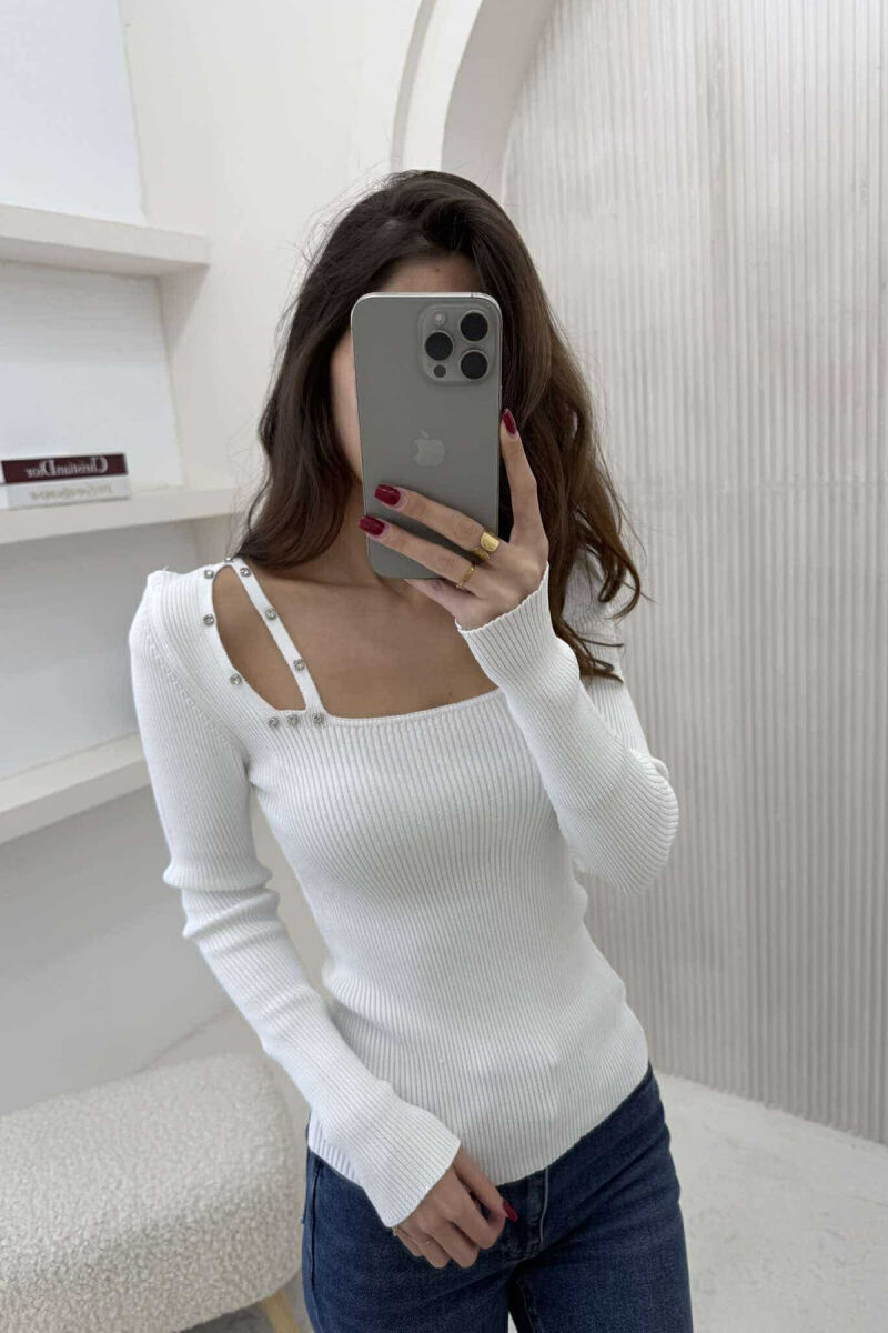 SQUARE NECK ONE COLOR DIAMOND DETAILS WOMEN SWEATER WHITE-E BARDHE - 2