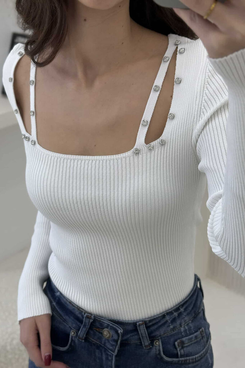 SQUARE NECK ONE COLOR DIAMOND DETAILS WOMEN SWEATER WHITE-E BARDHE - 4