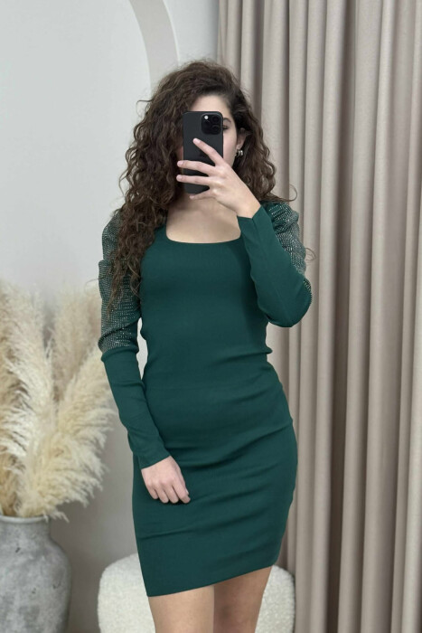 SQUARE NECK SHINY STONES WOMEN DRESS DARK GREEN/JEE - 4