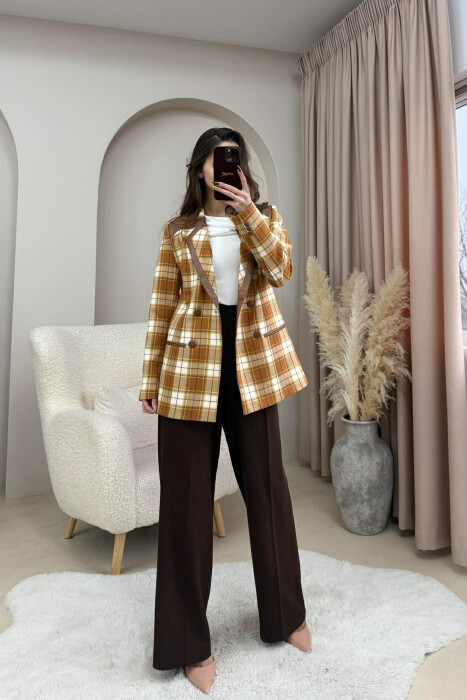 SQUARED DESIGN BUTTONED WOMEN JACKET BROWN/KAFE - 1