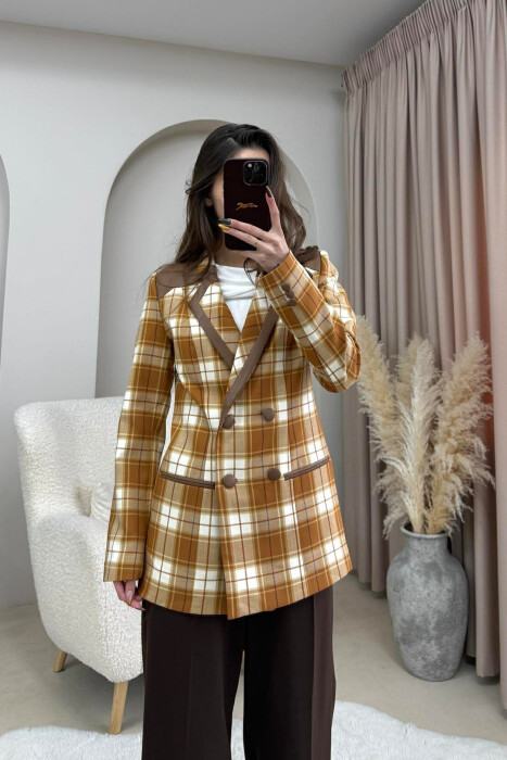 SQUARED DESIGN BUTTONED WOMEN JACKET BROWN/KAFE - 2