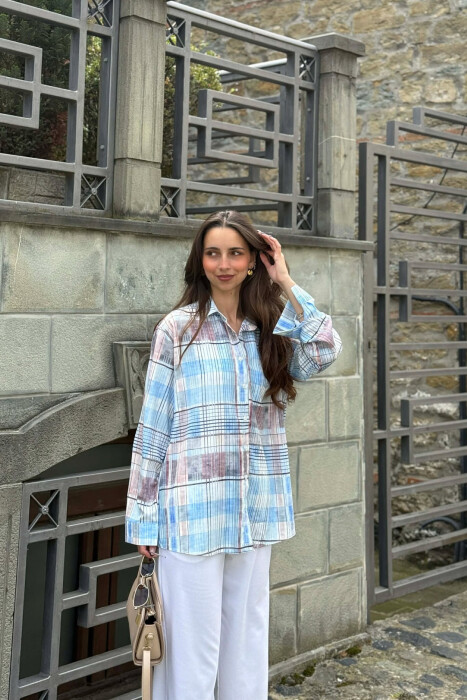 SQUARES DESIGN LONG SLEEVE WOMEN SHIRT MULTIPLE/SHNGJ - KLAUDIO FASHION