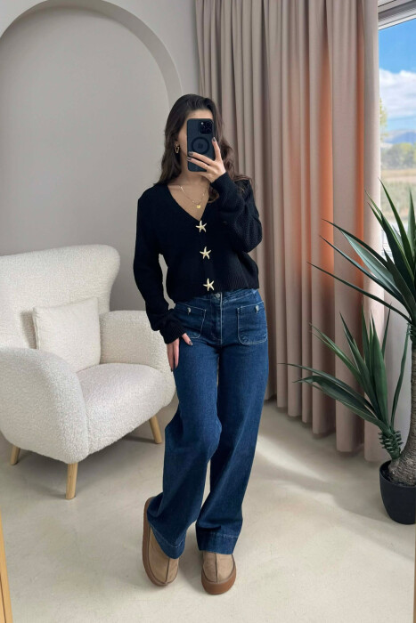 STARFISH BUTTONS SIMPLE WOMEN CARDIGAN BLACK/ E ZEZE 