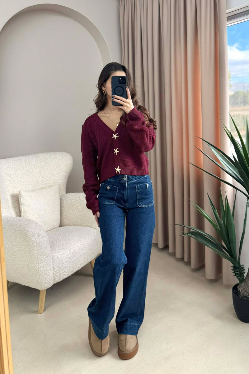 STARFISH BUTTONS SIMPLE WOMEN CARDIGAN BURGUNDY/VISHNJE - 1