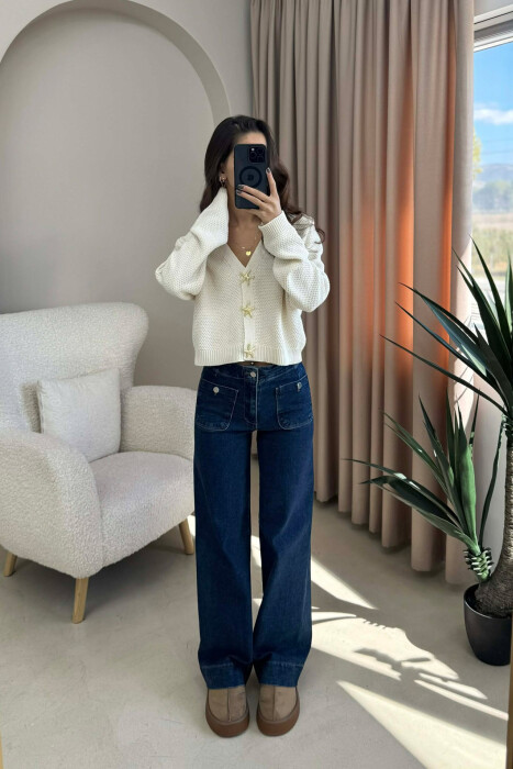 STARFISH BUTTONS SIMPLE WOMEN CARDIGAN CREAM/KREM 