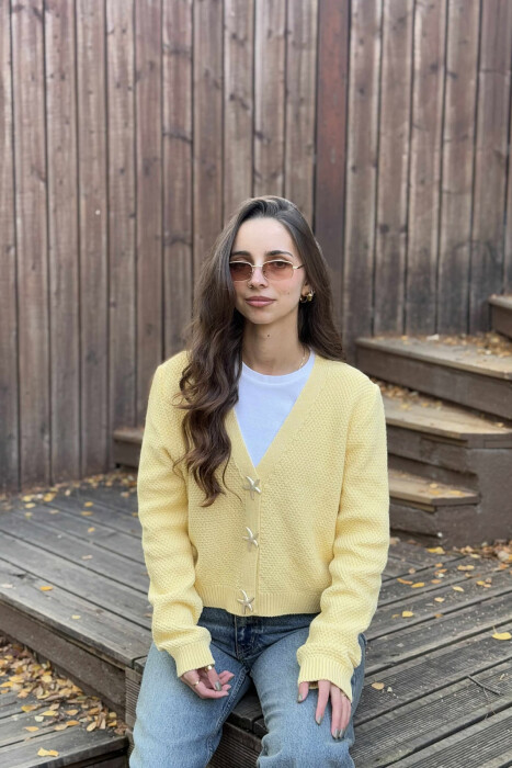 STARFISH BUTTONS SIMPLE WOMEN CARDIGAN YELLOW/E VERDHE 