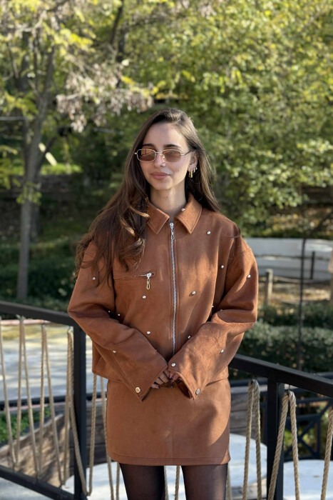 STONES DETAIL JACKET+SKIRT WOMEN SET BROWN/KAFE - 3