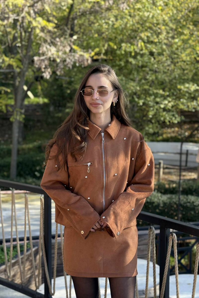 STONES DETAIL JACKET+SKIRT WOMEN SET BROWN/KAFE - 3