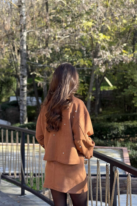STONES DETAIL JACKET+SKIRT WOMEN SET BROWN/KAFE - 5