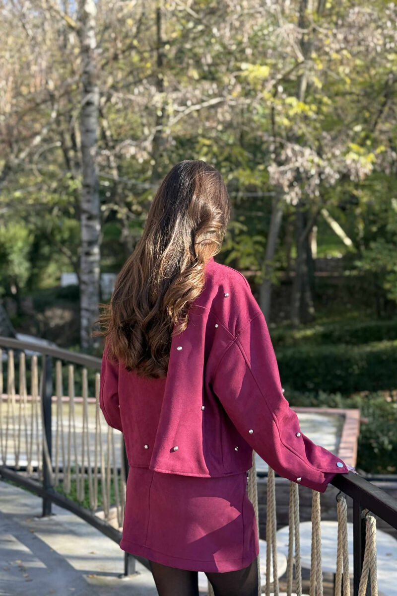 STONES DETAIL JACKET+SKIRT WOMEN SET BURGUNDY/VISHNJE - 4