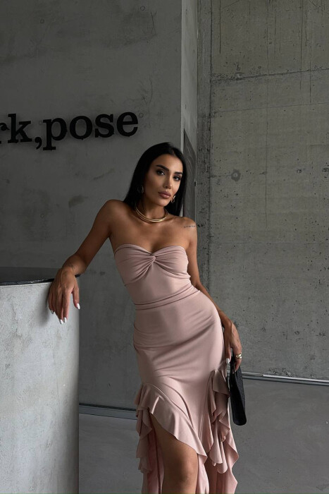 STRAPLESS ONE COLOR LONG WOMEN DRESS BEIGE/BEZHE - 4