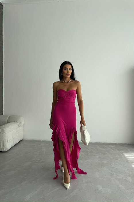 STRAPLESS ONE COLOR LONG WOMEN DRESS FUCHSIA/CIKLAMI 