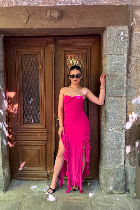 STRAPLESS ONE COLOR LONG WOMEN DRESS FUCHSIA/CIKLAMI - 1