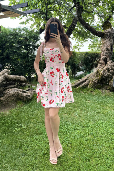 STRAPS DESIGNED SHORT WOMEN DRESS PINK-RED/RO-KU - 1