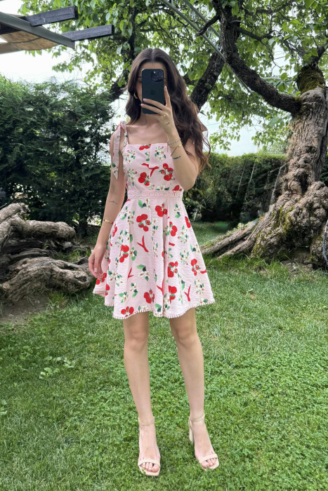 STRAPS DESIGNED SHORT WOMEN DRESS PINK-RED/RO-KU - 2