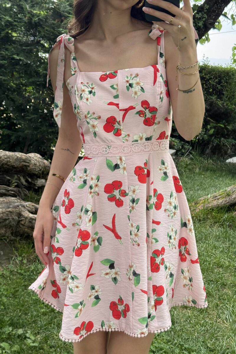 STRAPS DESIGNED SHORT WOMEN DRESS PINK-RED/RO-KU - 3