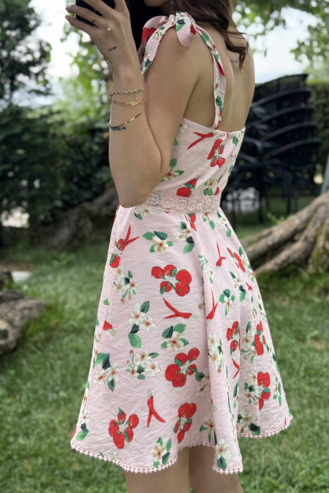 STRAPS DESIGNED SHORT WOMEN DRESS PINK-RED/RO-KU - 4