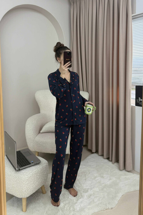 STRAWBERRY DESIGN SHIRT+TROUSERS WOMEN PYJAMAS DARK BLUE/BEE - 1