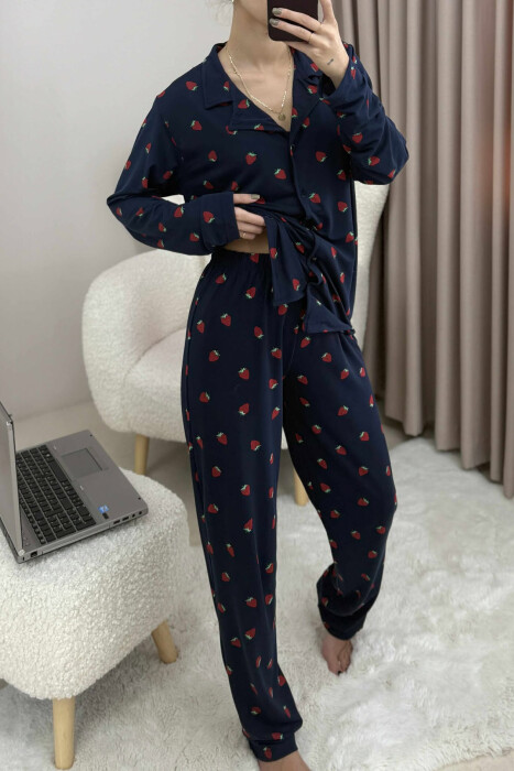 STRAWBERRY DESIGN SHIRT+TROUSERS WOMEN PYJAMAS DARK BLUE/BEE - 4