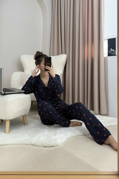 STRAWBERRY DESIGN SHIRT+TROUSERS WOMEN PYJAMAS DARK BLUE/BEE - 3
