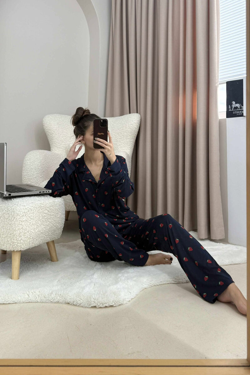 STRAWBERRY DESIGN SHIRT+TROUSERS WOMEN PYJAMAS DARK BLUE/BEE - 3