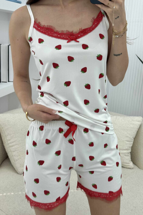 STRAWBERRY DESIGN TANK TOP + SHORTS WOMEN PYJAMAS WHITE-E BARDHE - 3