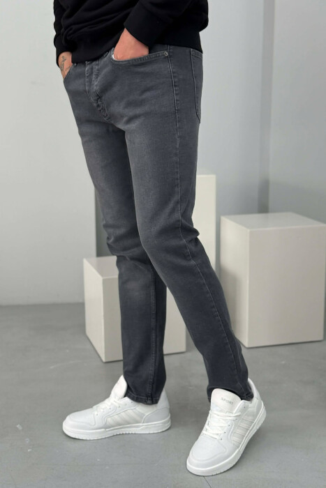 STRETCHY HIDDEN BUTTON FLY MEN JEANS GREY/GRI - 3