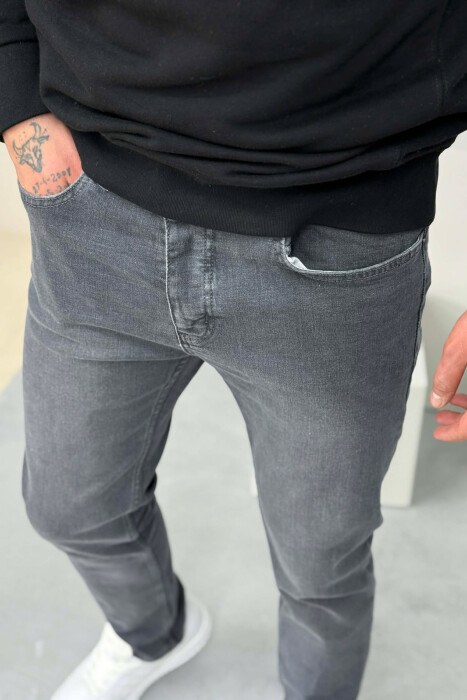 STRETCHY HIDDEN BUTTON FLY MEN JEANS GREY/GRI - 5