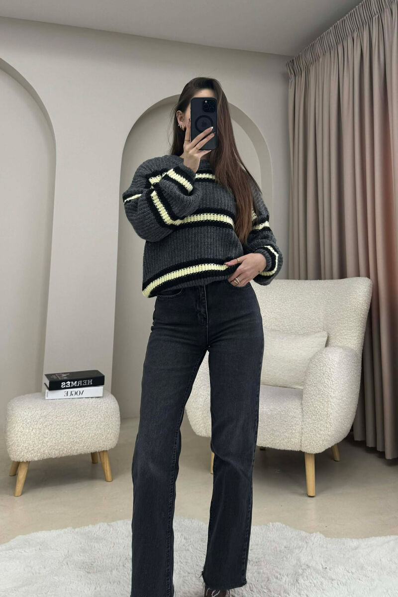 STRIPE CROPPED ROUND NECK WOMAN SWEATER DARK GREY/GEE - 2