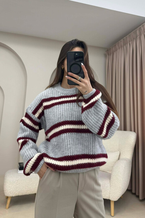 STRIPE CROPPED ROUND NECK WOMAN SWEATER LIGHT GREY/GZ 