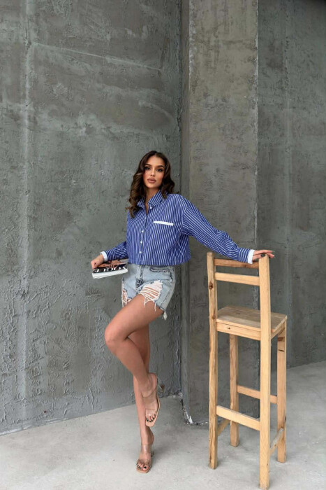 STRIPE DESIGN CROPPED WOMEN SHIRT BLUE/BLU - 3