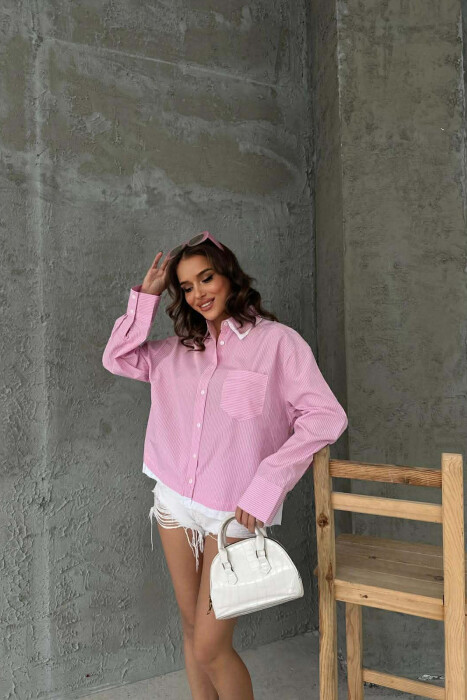 STRIPE DESIGN LONG SLEEVE WOMEN SHIRT PINK/ROZE - 2