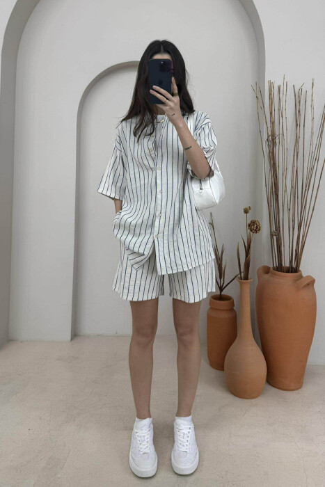 STRIPE DESIGN SHIRT+SHORTS WOMEN SET CREAM-BLUE/KREM-BLU - 1