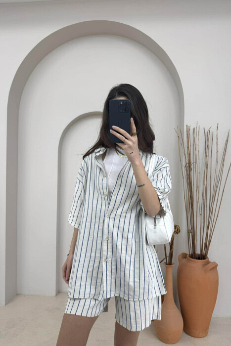 STRIPE DESIGN SHIRT+SHORTS WOMEN SET CREAM-BLUE/KREM-BLU - 2