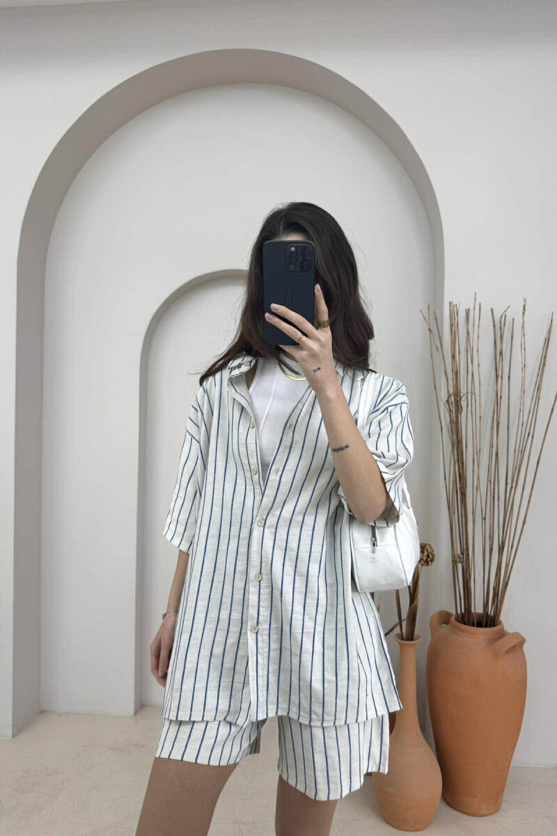 STRIPE DESIGN SHIRT+SHORTS WOMEN SET CREAM-BLUE/KREM-BLU - 2