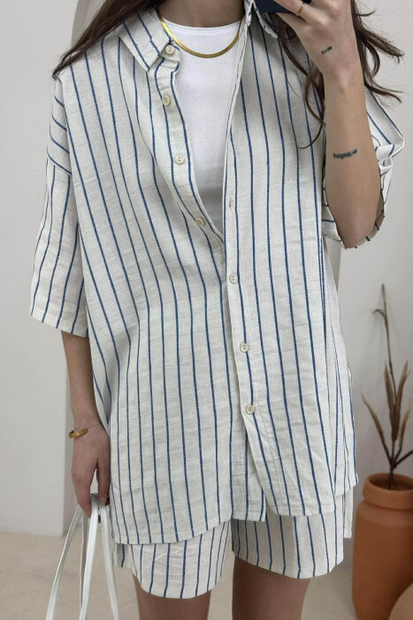 STRIPE DESIGN SHIRT+SHORTS WOMEN SET CREAM-BLUE/KREM-BLU - 3