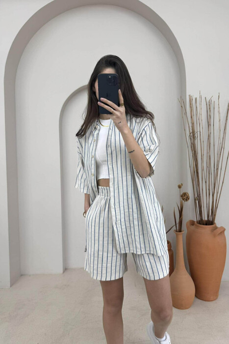 STRIPE DESIGN SHIRT+SHORTS WOMEN SET CREAM-BLUE/KREM-BLU - 4