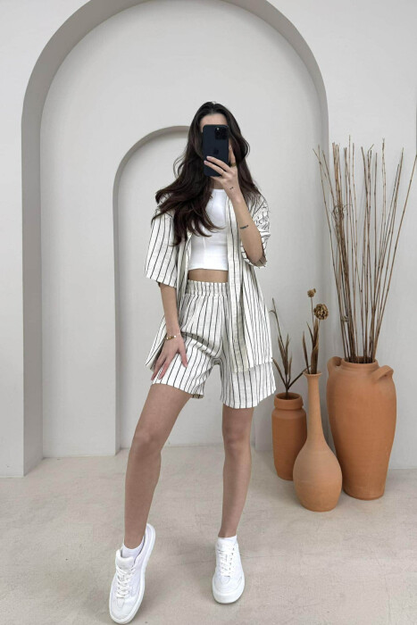 STRIPE DESIGN SHIRT+SHORTS WOMEN SET CREAM+BLACK/KREM+ZEZE - 1
