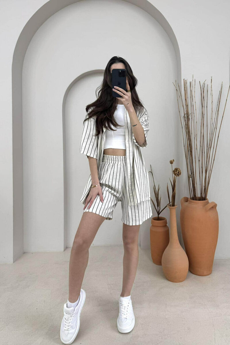 STRIPE DESIGN SHIRT+SHORTS WOMEN SET CREAM+BLACK/KREM+ZEZE - 1