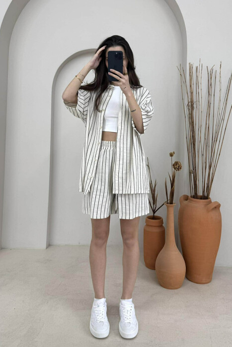 STRIPE DESIGN SHIRT+SHORTS WOMEN SET CREAM+BLACK/KREM+ZEZE - 2