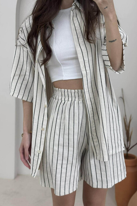 STRIPE DESIGN SHIRT+SHORTS WOMEN SET CREAM+BLACK/KREM+ZEZE - 3