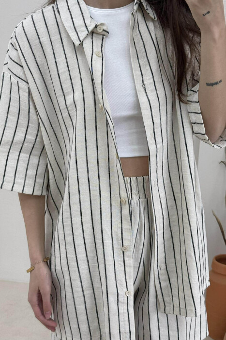 STRIPE DESIGN SHIRT+SHORTS WOMEN SET CREAM+BLACK/KREM+ZEZE - 4