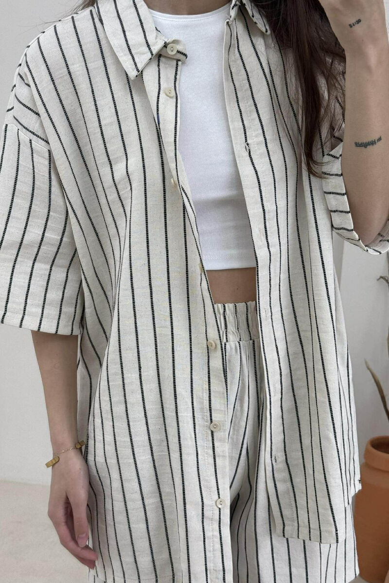 STRIPE DESIGN SHIRT+SHORTS WOMEN SET CREAM+BLACK/KREM+ZEZE - 4