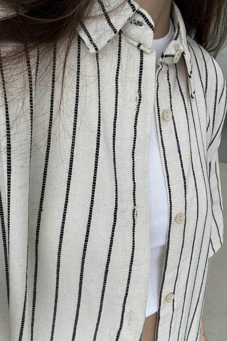 STRIPE DESIGN SHIRT+SHORTS WOMEN SET CREAM+BLACK/KREM+ZEZE - 5