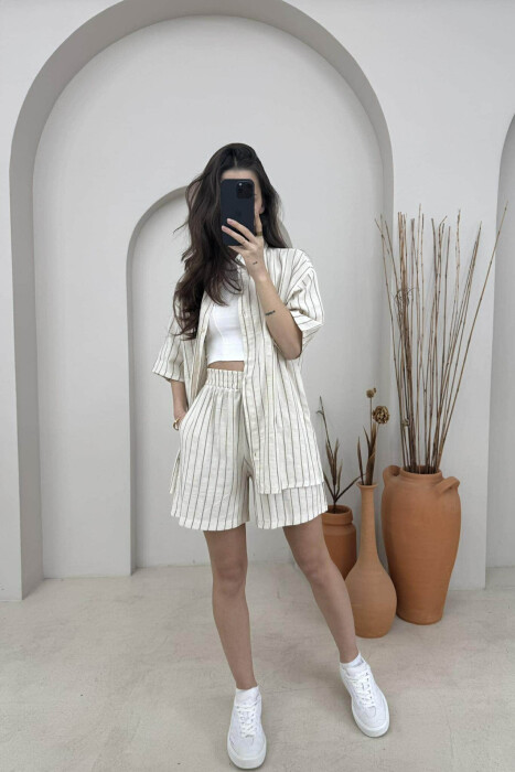 STRIPE DESIGN SHIRT+SHORTS WOMEN SET CREM+BEIGE/KREM+BEZHE 